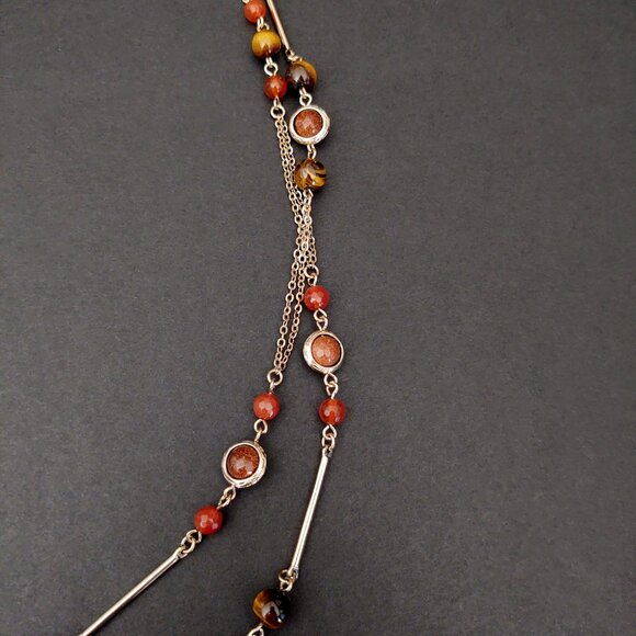 Long tiger's eye, orange glass and rust sparkle beaded 2 strand necklace - Picture 8 of 15